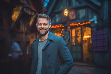 Handsome bearded man wearing a coat posing in an old cityの素材