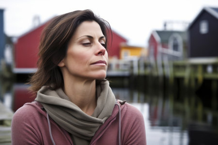 Portrait of a beautiful woman in front of a red wooden house.の素材