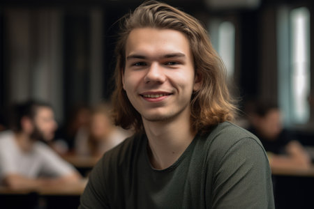 Portrait of a handsome young man smiling at the camera in a classroom.の素材