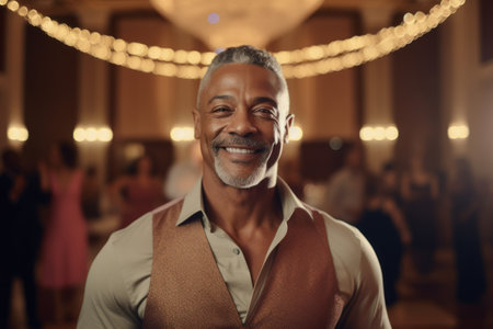 Portrait of a senior man smiling while standing in a nightclub.の素材