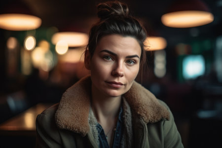 Portrait of a beautiful young woman in a cafe with a dark background.の素材