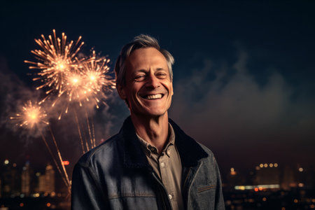 Portrait of a happy man with fireworks in the city at nightの素材