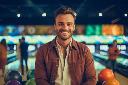 Handsome man in casual clothes is smiling while playing bowling in bowling club.の素材