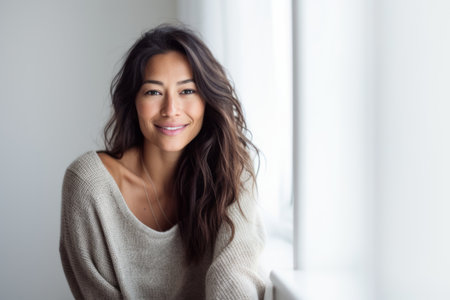 Portrait of a beautiful young woman with long brown hair smiling.の素材
