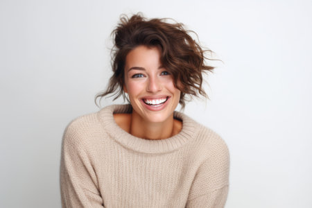 Portrait of a beautiful young woman laughing and looking at camera over white backgroundの素材