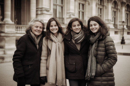 Group of happy senior friends walking in the city. Focus on womanの素材