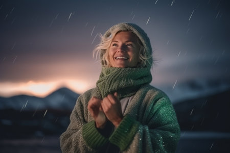 Beautiful young woman in a green knitted sweater and a green scarf on the background of mountains under the falling snow.の素材