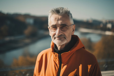 Portrait of senior man in orange jacket and eyeglasses outdoors.の素材