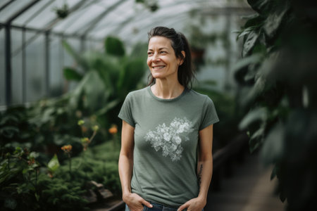 Portrait of a smiling female gardener standing in a greenhouse.の素材