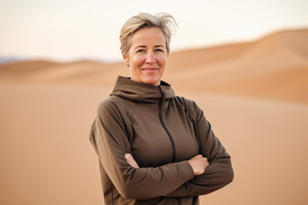 Portrait of senior woman standing with arms crossed in the middle of the desertの素材