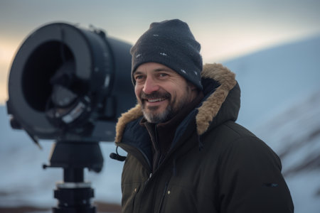 Portrait of a smiling man with binoculars looking at camera in winterの素材