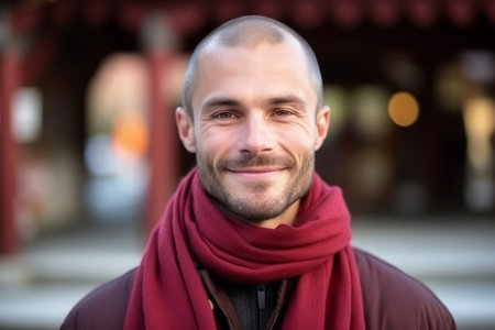 Portrait of a handsome man wearing a red scarf in a streetの素材