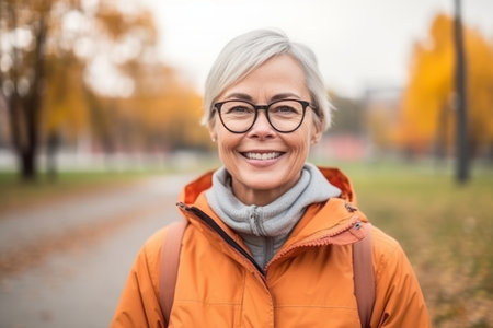 Portrait of happy senior woman in autumn park. Smiling woman in eyeglasses looking at camera.の素材