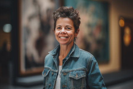 Portrait of a smiling middle-aged woman in a denim jacket.の素材