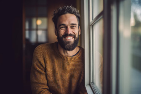 Portrait of a smiling bearded man looking out the window at homeの素材