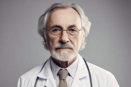 Portrait of senior doctor with stethoscope. Isolated on gray background.の素材