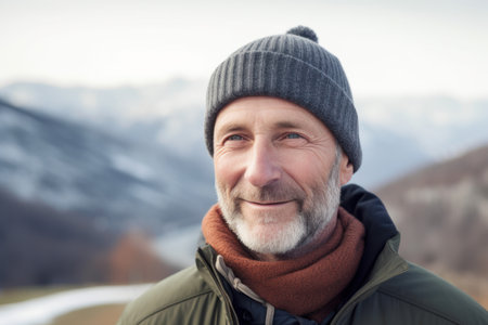 Portrait of smiling senior man in winter hat and jacket looking at cameraの素材
