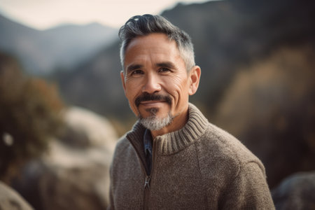 Portrait of a smiling middle-aged man standing in the mountainsの素材