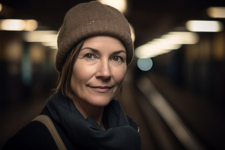 Portrait of a beautiful woman in a subway station. Toned.の素材