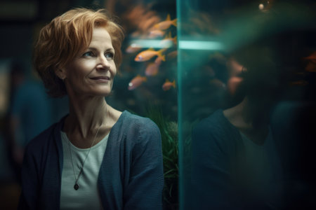 Portrait of a beautiful middle-aged woman in the aquarium.の素材