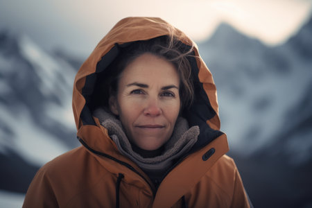 Portrait of a middle-aged woman in a jacket against the background of mountains.の素材