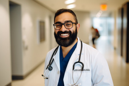 Portrait of a smiling male doctor with stethoscope in hospital corridorの素材