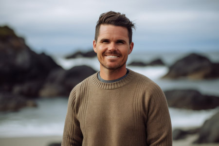 Portrait of handsome man smiling at camera at beach during autumn dayの素材
