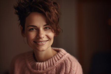 Portrait of a smiling young woman in a pink sweater at homeの素材