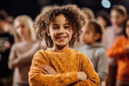 happy african american girl with crossed arms looking at camera at schoolの素材