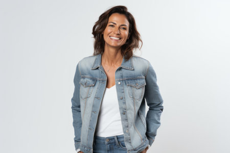 Portrait of a smiling woman standing with hands in pockets over white backgroundの素材