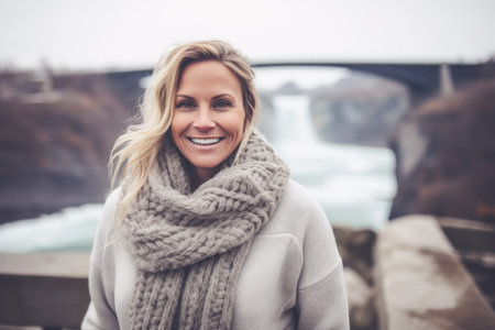 Portrait of a beautiful woman wearing scarf and coat smiling at camera outdoorsの素材