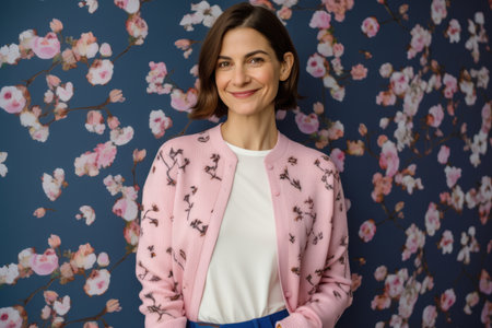 Portrait of a beautiful young woman in a pink jacket on a floral backgroundの素材
