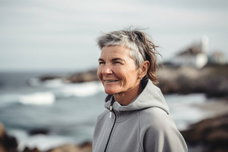 Portrait of a smiling senior woman standing on the rocks by the seaの素材