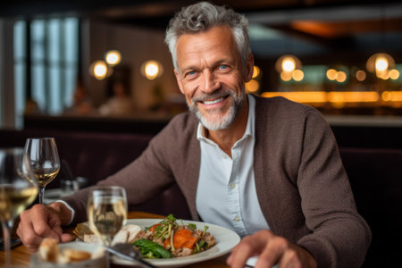 Delicious meal. Cheerful mature man looking at camera and smiling while sitting in restaurantの素材