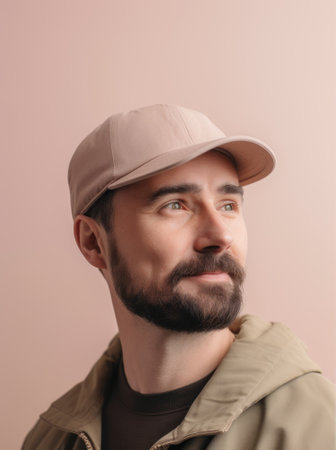 Portrait of a handsome man in a cap on a pink backgroundの素材