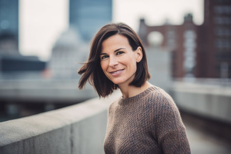 Portrait of a beautiful woman with long brown hair in an urban contextの素材