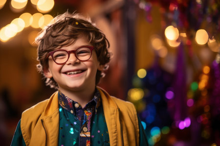 Portrait of a cute little boy with glasses on Christmas market backgroundの素材