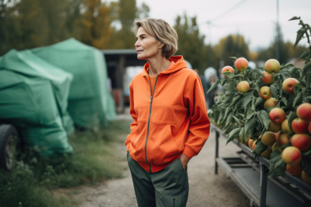 Portrait of a middle-aged woman in an orange jacket on a farm.の素材