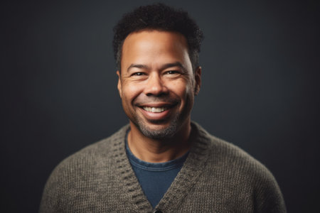 Portrait of a smiling african american man against black backgroundの素材