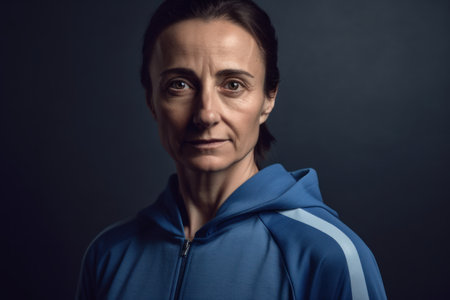 Portrait of senior woman in sportswear on dark background.の素材