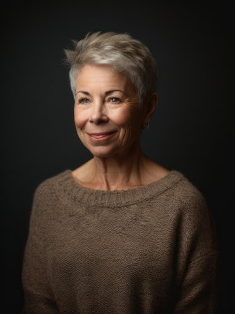 Portrait of a smiling senior woman on a dark background, studio shotの素材