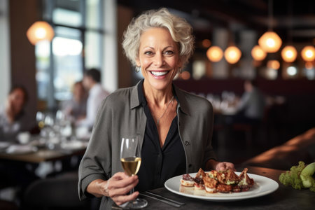 Portrait of smiling mature woman holding glass of wine while sitting in restaurantの素材
