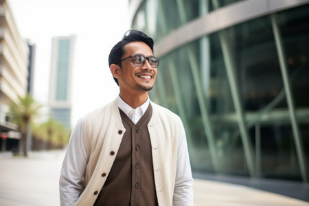 Portrait of handsome Indian businessman standing outdoors and looking at camera.の素材