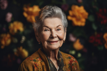 Portrait of a smiling senior woman on a background of flowers.の素材