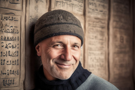 Portrait of a smiling man in a hat and a sweater looking at the cameraの素材