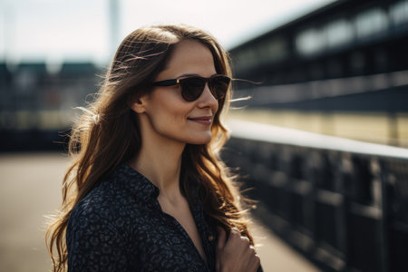 Portrait of a young beautiful woman in sunglasses on the street.の素材