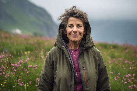 Portrait of a smiling senior woman in a green jacket on a mountain meadowの素材