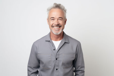 Portrait of happy mature man smiling and looking at camera over white backgroundの素材
