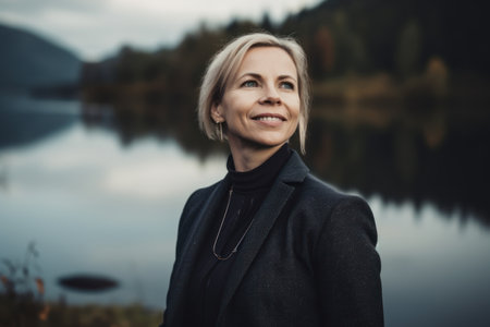 Portrait of a beautiful middle-aged woman in a black coat on the background of the lake.の素材