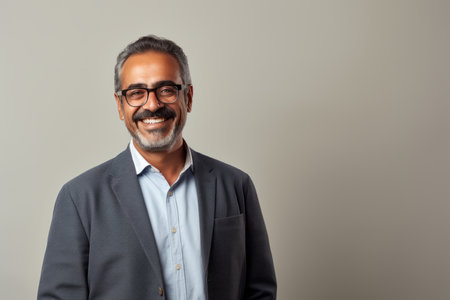 Indian asian senior business man wearing eyeglasses smiling at cameraの素材
